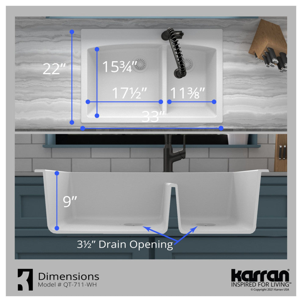 Karran Drop-In Quartz 33" 1-Hole 60/40 Double Bowl Sink Kit, White