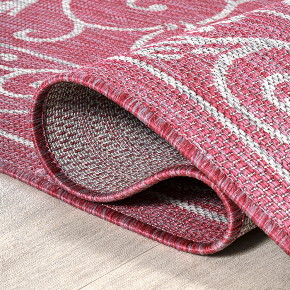 Charleston Filigree Textured Weave Indoor/Outdoor, Fuchsia/Light Gray, 5' Square
