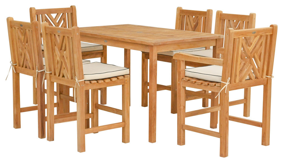 7 Piece Teak Chippendale 55" Rect Bistro Counter Set, 2 Arm and 4 Side Stools