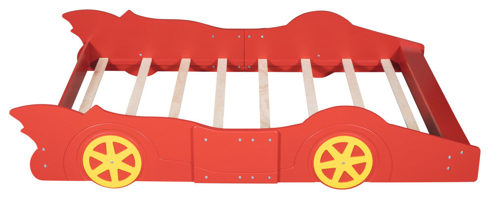 Gewnee Wood Full Size Car Shaped Platform Bed with Wheels for Kids in Red