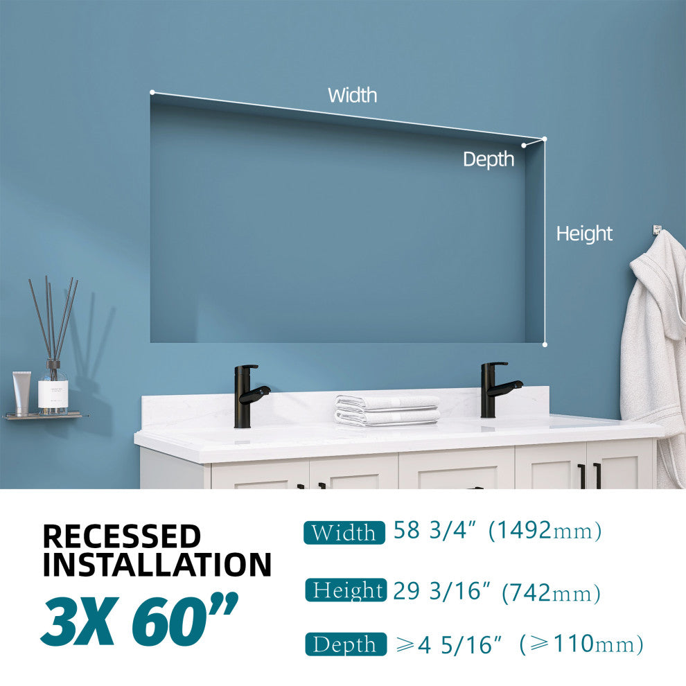 60'' W 30'' H Recessed or Surface Mount Frameless Medicine Cabinet with Mirrors