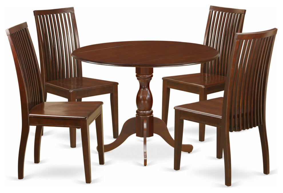 5 Pc Dining Set, Mahogany Dropleaf Table, 4 Mahogany Chairs, Slatted Back