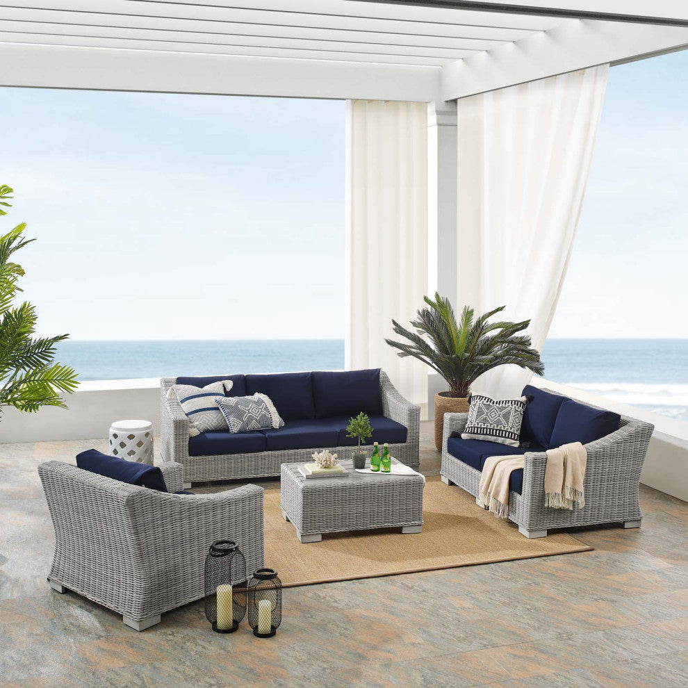 Lounge Sofa Chair Table Set, Rattan, Wicker, Gray Blue Navy, Outdoor