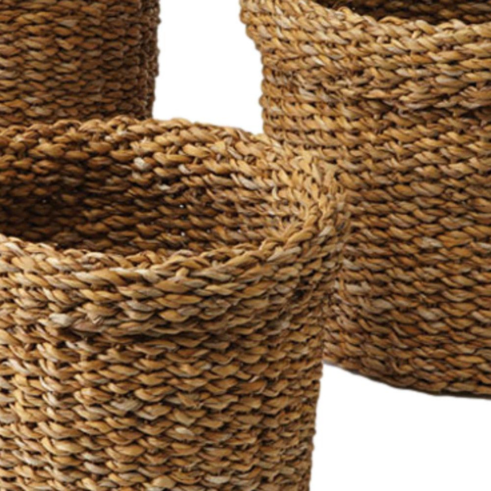 Set of 3 Woven Sea Grass Storage Baskets Round 14 12 10 in Natural Spa Towel