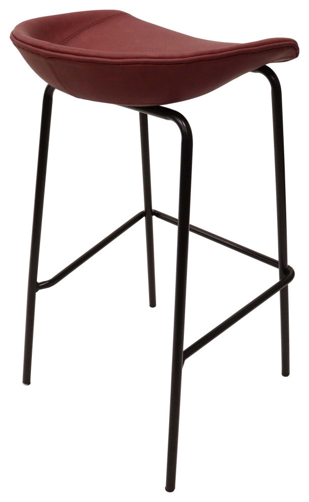 LeisureMod Servos Barstool With Faux Leather Seat and Iron Frame Set of 2, Bordeaux