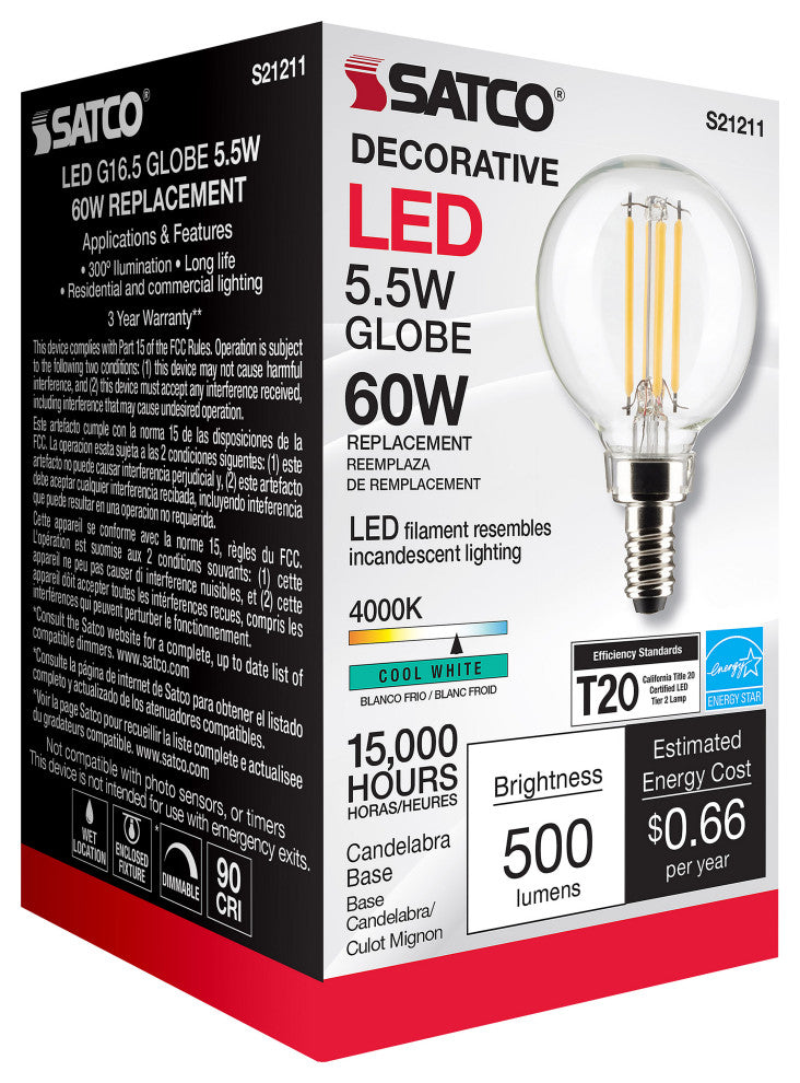 5.5W G16.5 LED, Clear, Candelabra Base, 90 CRI, 4000K, 120V