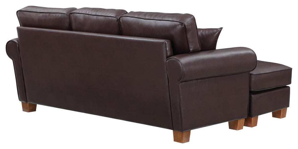 Rylee Rolled Arm Sectional, Cocoa Faux Leather With Pillows and Coffee Legs
