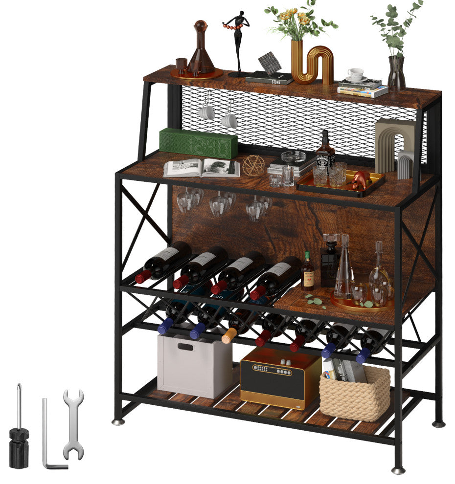 VEVOR Wine Rack Table Bar Cabinet Table w/ Wine Rack & Glass Holder Industrial