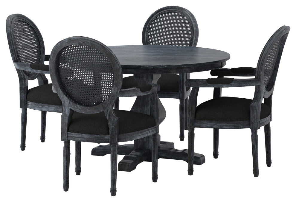 Bryan French Country Upholstered Wood and Cane 5-Piece Circular Dining Set, Gray/Black