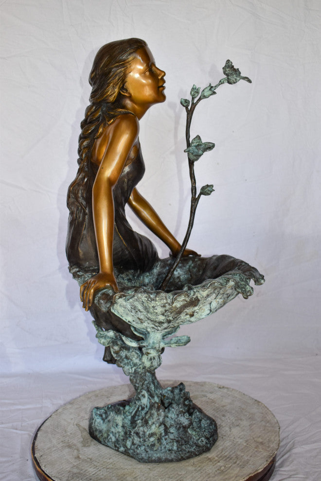 Beautiful Young Girl by A Hummingbird Bath Bronze Statue Size: 22" x 17" x 39"