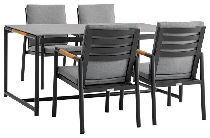 Crown 5-Piece Black Aluminum and Teak Outdoor Dining Set With Dark Gray Fabric