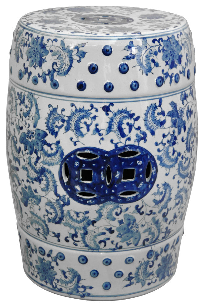 18" Floral Blue and White Porcelain Garden Stool