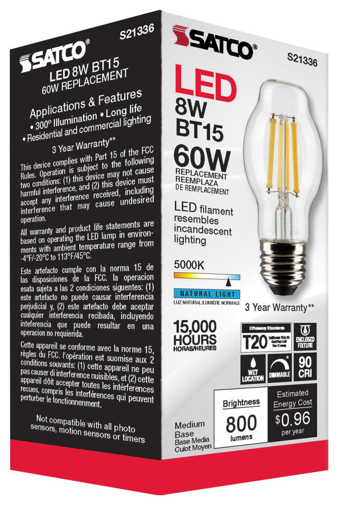 8W BT15 LED, Clear, Medium Base, 90 CRI, 5000K, 120V