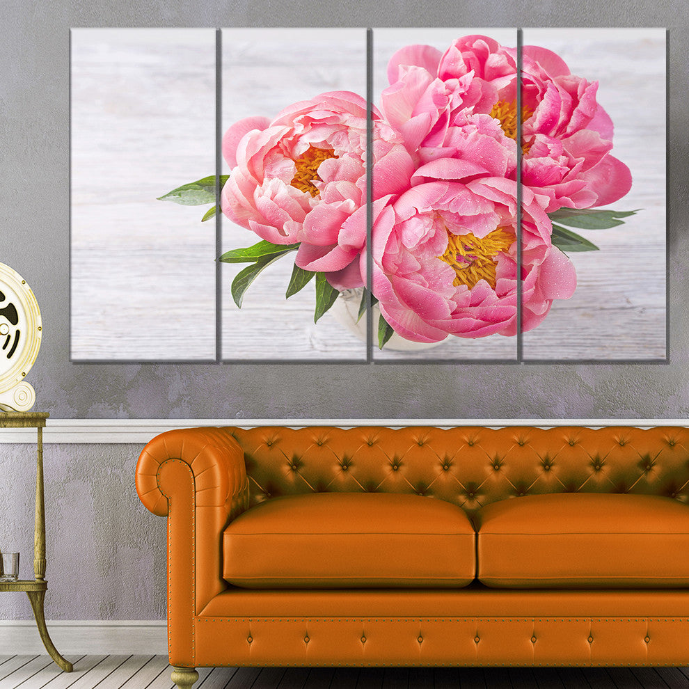 Bunch of Peony Flowers In Vase, Floral Canvas Art Print, 48"x28", 4 Panels