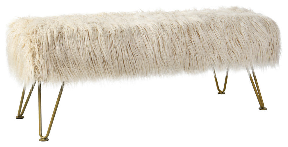 Mongolian Faux Fur Upholstered Ottoman Bench, Oatmeal, 46x16x22