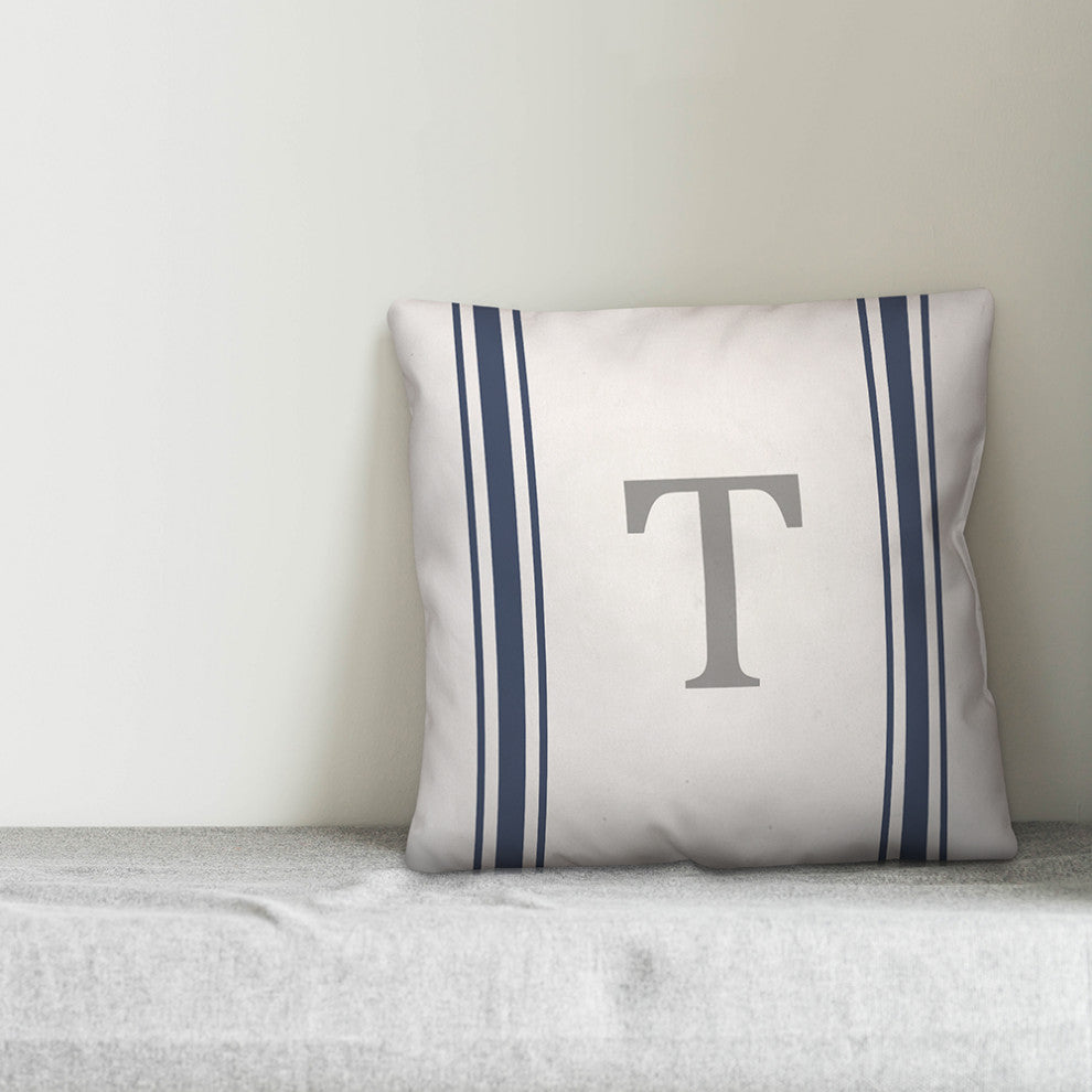 Blue Farmhouse Stripe Monogram - T 18x18 Spun Poly Pillow