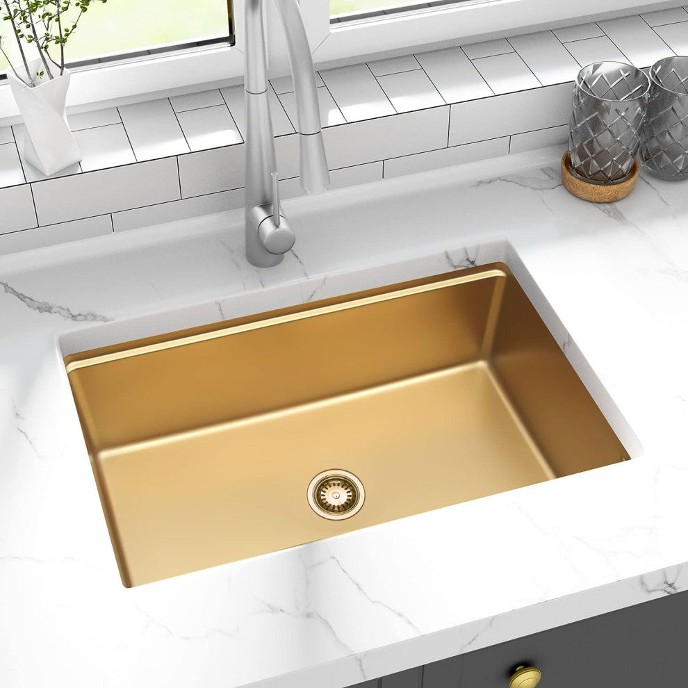 HIGOLD Single Bowl Undermount Kitchen Sink, Nano, PVD Gold, Accessories included