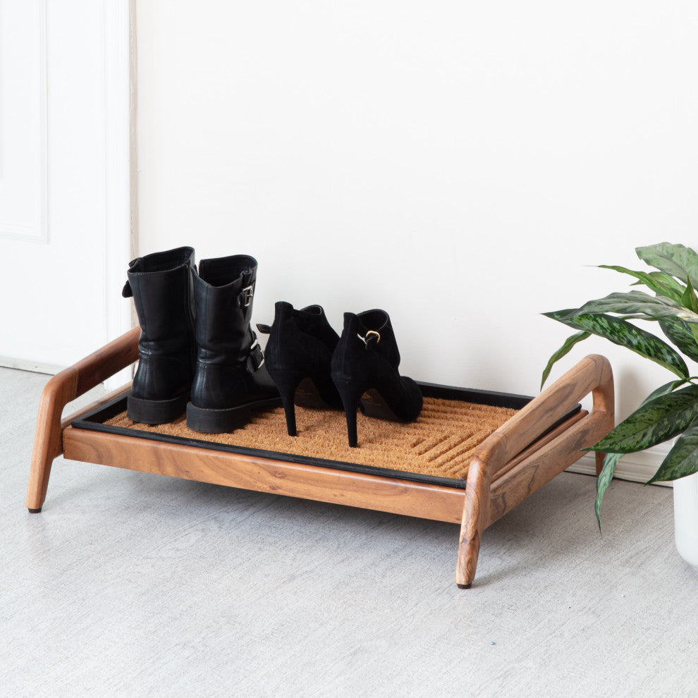 Single-Tier Natural Stand With 2-Pair Rubber Boot Tray Rectangle Ripple