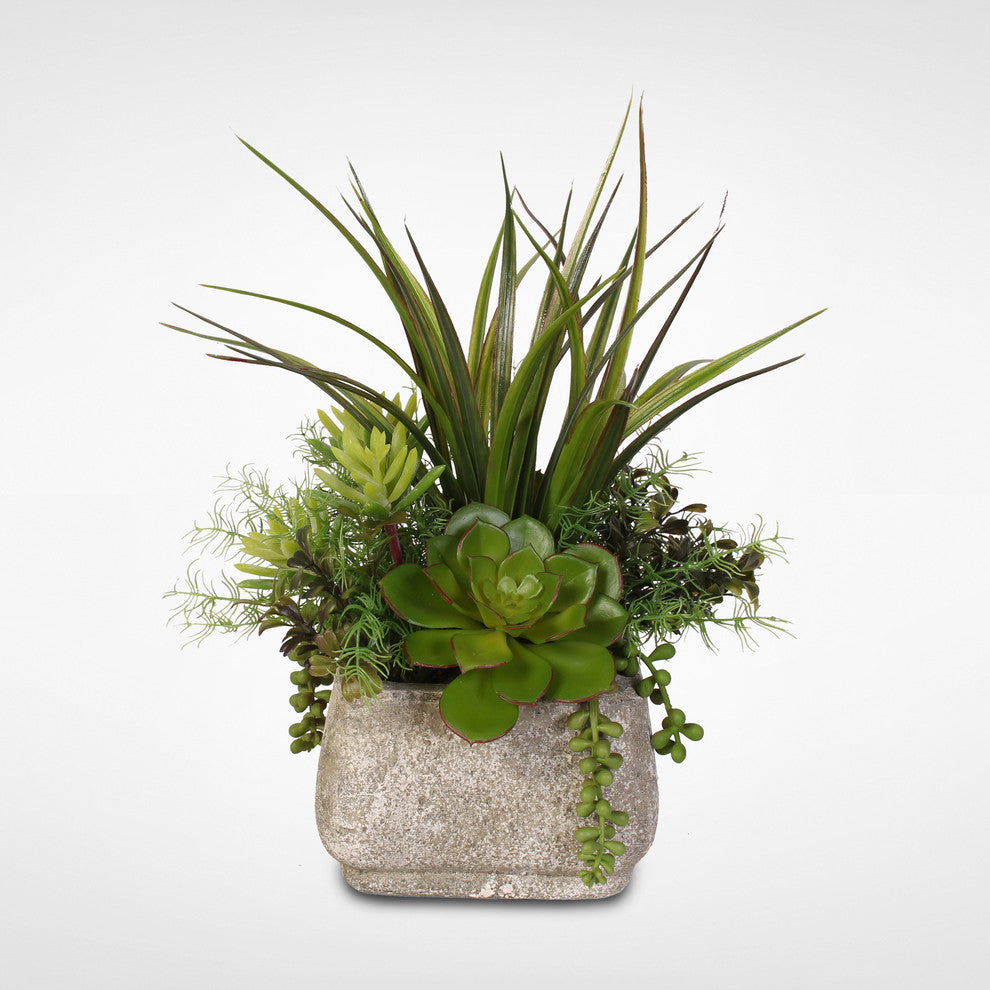 Artificial Succulent Arrangement With Grass in a Stone Pot