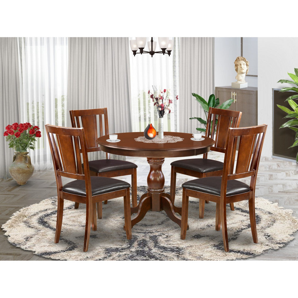 5 Pc Dining Set, Mahogany Table, 4 Mahogany Faux Leather Comfortable Chairs