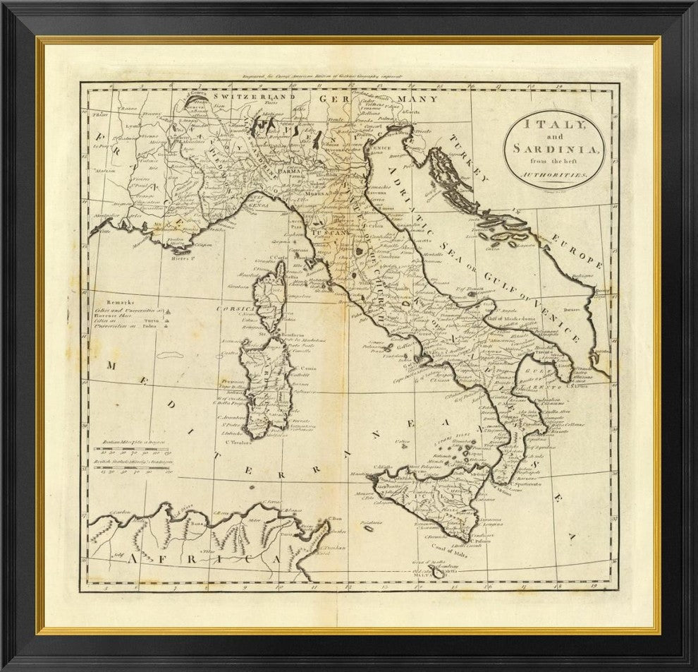 "Italy and Sardinia, 1796" Framed Canvas Giclee by Mathew Carey, 34x33"
