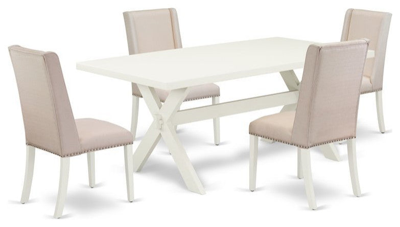 5-Piece Kitchen Table Set, 4 Chairs and Wood Table, Linen White