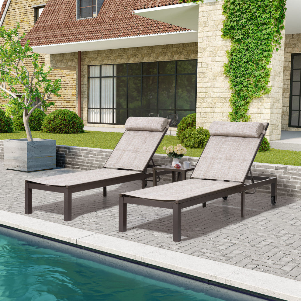 Outdoor Recliner Adjustable Quilted Chaise Lounge Chair and Table Set, Beige