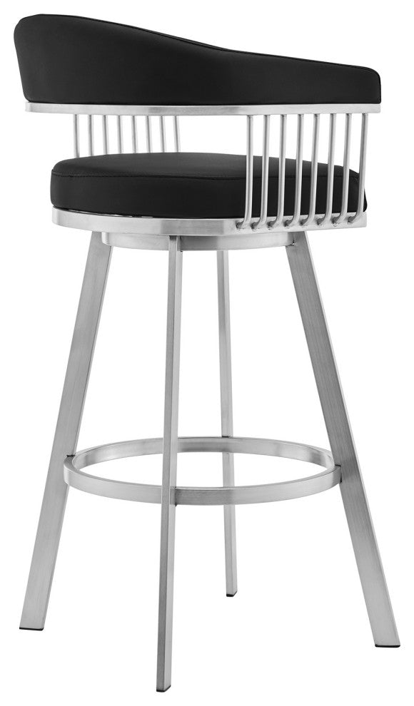 30" Mod Black Faux Leather Brushed Silver Finish Swivel Bar Stool
