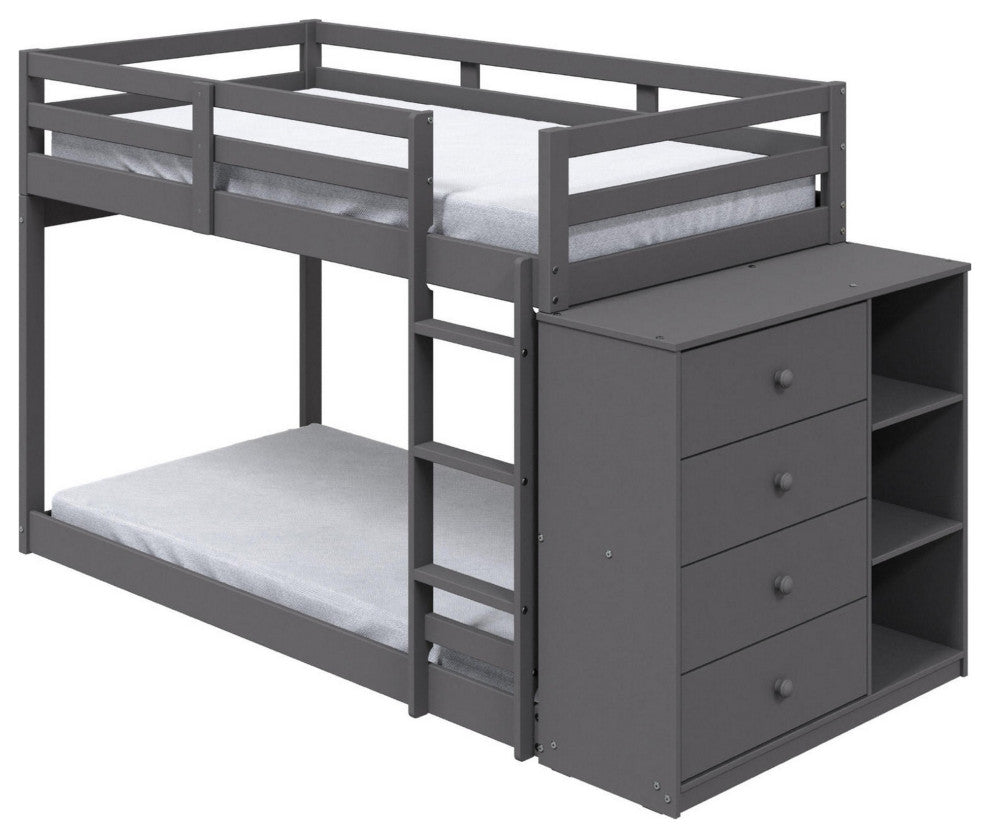 Benzara BM284031 Twin Bunk Bed With Cabinet, 3 Compartments, Ladder, Gray