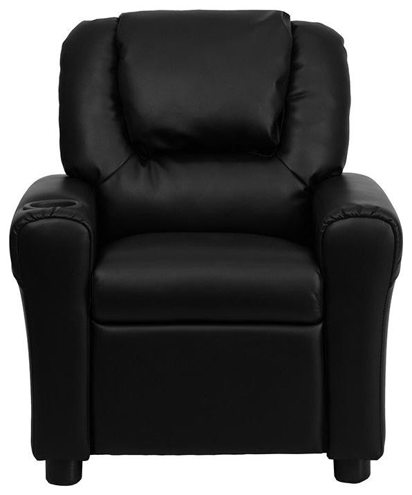 Contemporary Black Leather Kids Recliner With Cup Holder and Headrest