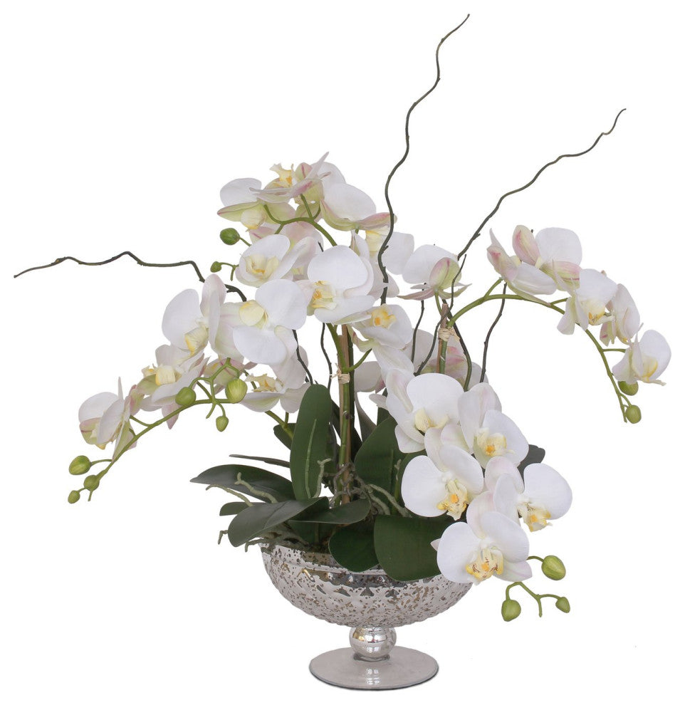 Real Touch White Orchid Flower Arrangement, Round Silver Glass Bowl