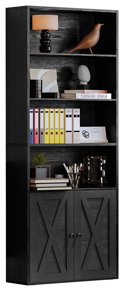 Industrial Bookshelf with Doors Floor Standing and 6 Storage Shelves 70 in Tall