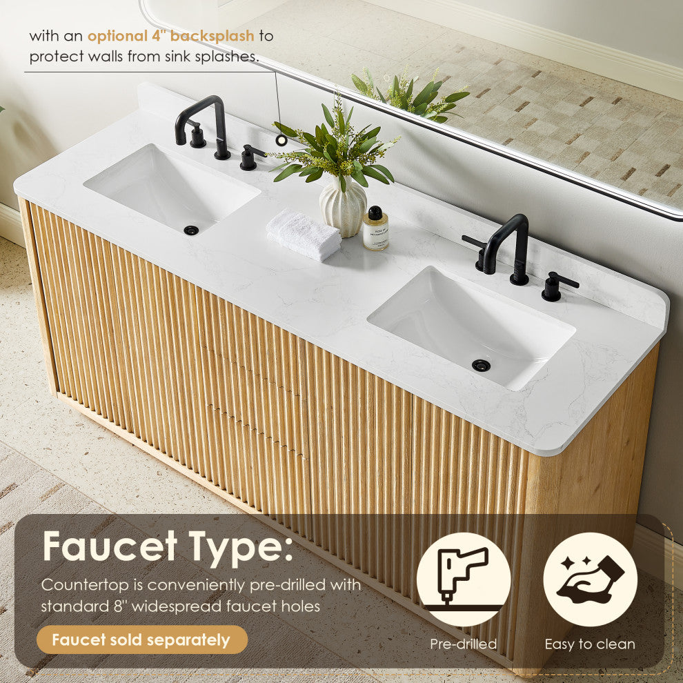 Clayton Bathroom Vanity, Washed Light Brown, 72", No Mirror