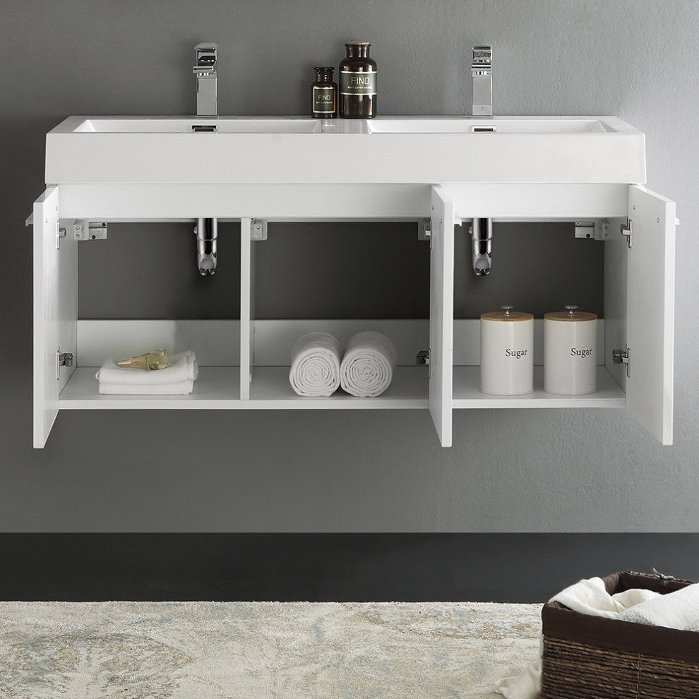 Vista 48" White Wall Hung Double Sink Modern Bathroom Cabinet w/ Integrated Sink