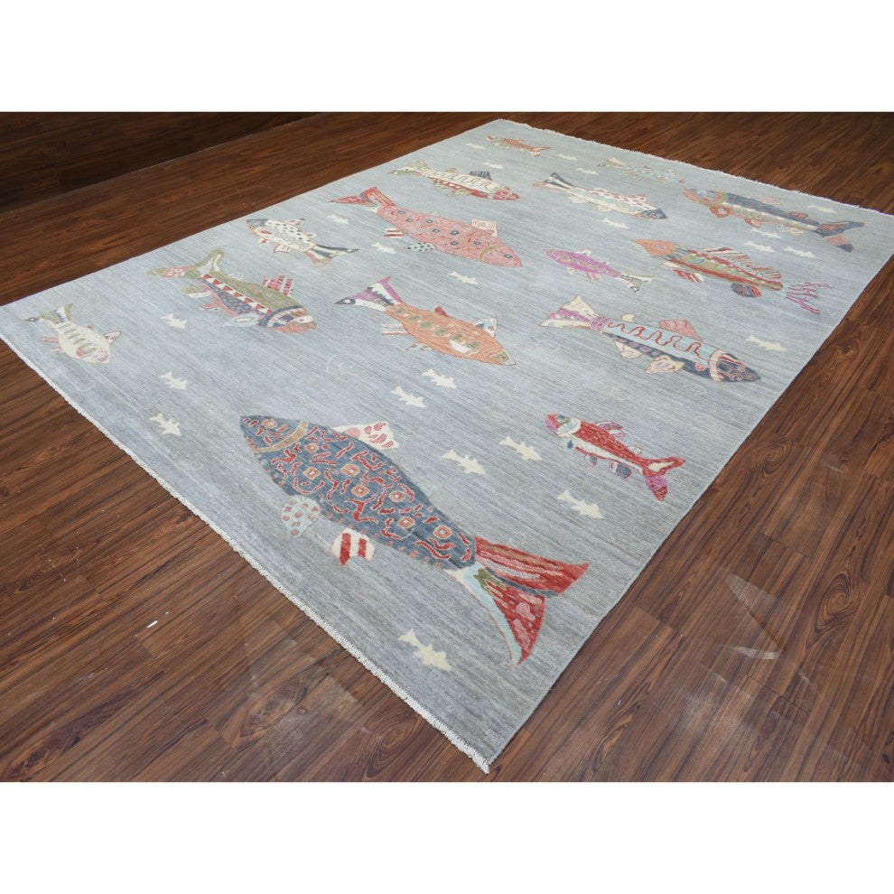 Light Gray, Soft Wool Hand Knotted, Afghan Peshawar Oriental Rug, 9'2"x11'9"