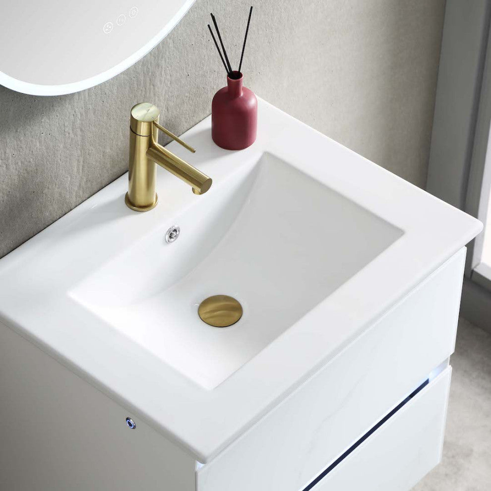 LED Lighted Bathroom Vanity With Ceramic Sink and Dimmed Light, Calacatta White, 24"