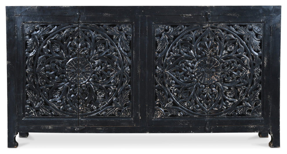 Hawk Black Handcarved 4 Door Buffet Sideboard Cabinet