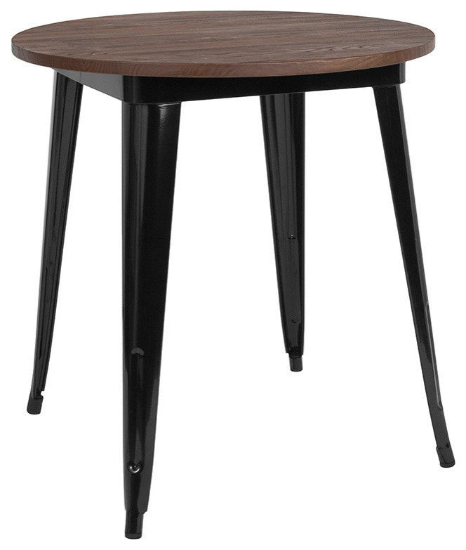 26" Round Metal Indoor Table With Walnut Rustic Wood Top, Black