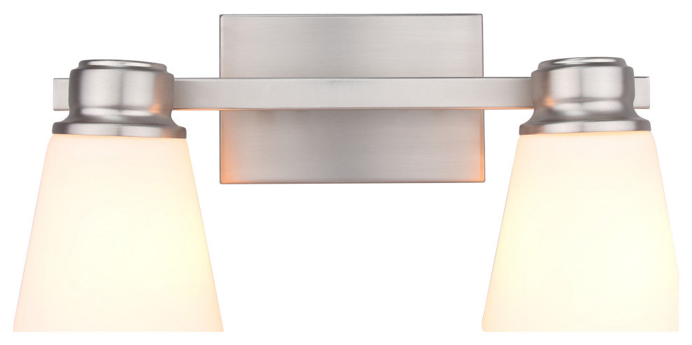 Jordan 2-Light Vanity Light, Satin Nickel With Frosted White Glass Shades