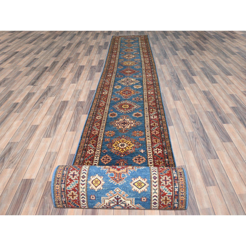Denim Blue Afghan Super Kazak Natural Wool Hand Knotted XL Runner Rug 2'9"x40'6"