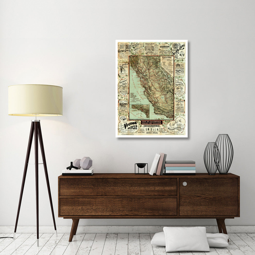 "Map of California Roads for Cyclers, 1896" Print by George W. Blum, 34"x46"