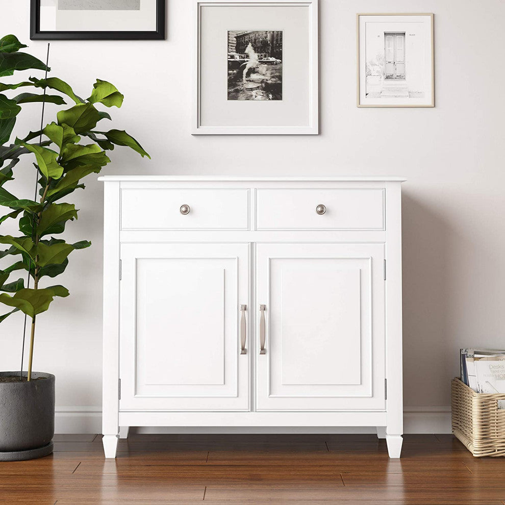 Traditional Storage Cabinet, 2 Drawers and 2 Doors With Inner Shelves, White