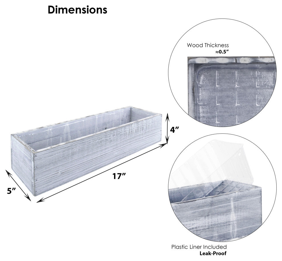 Natural Wood Rectangle Planter Box w/ Removable Plastic Liner 5"x17"x4" Set of 4, White