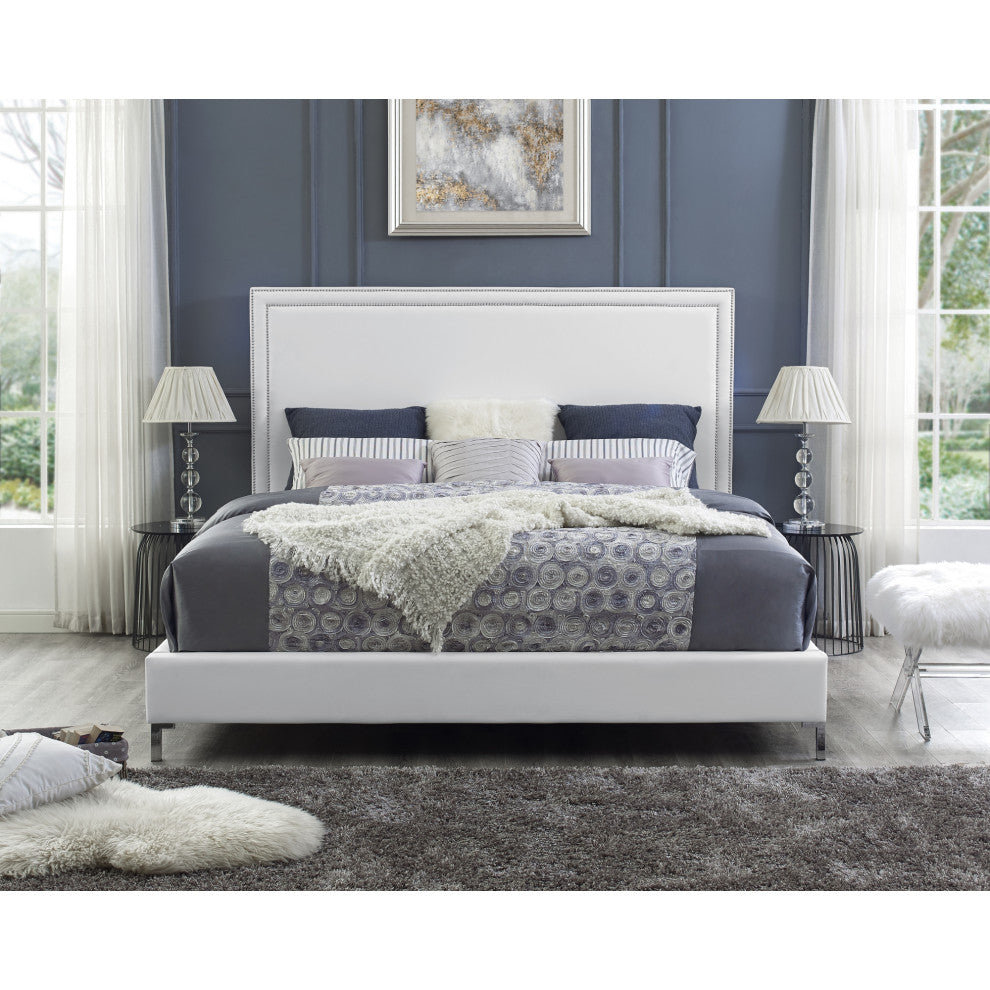 Giovanna Nailhead Trim Platform Bed, White Leather Pu, Queen