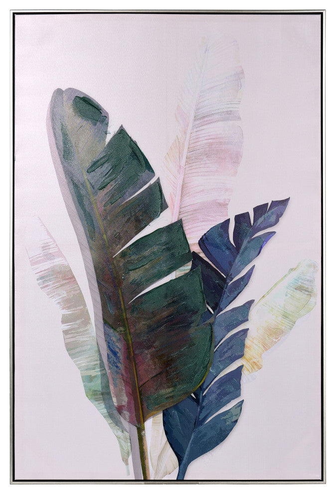 Colorful Palms I Art Print on Canvas- Hunter Green, Dark Blue, Pastel Framed