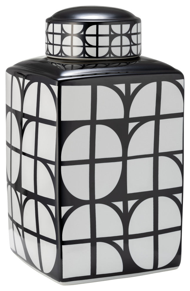 Ceramic 16"H Square Jar, Lid, Black/White