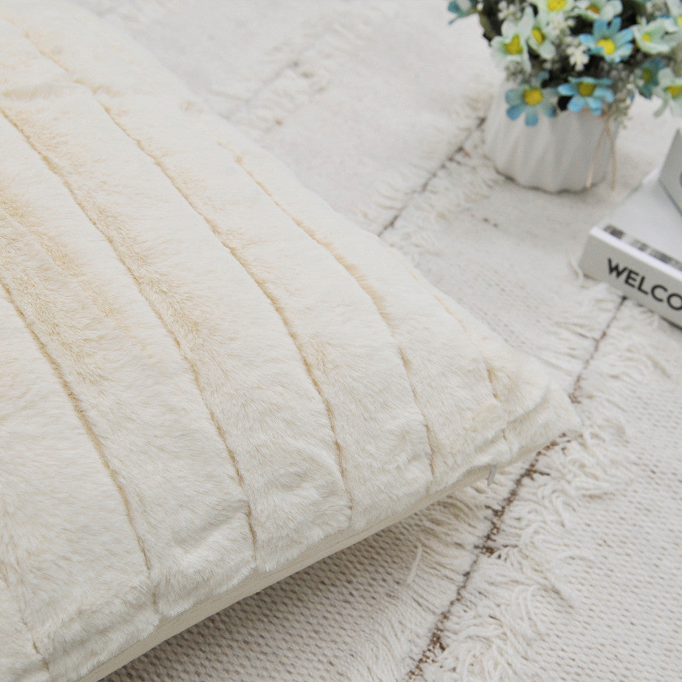 Rabbit Faux Fur Throw Blanket With 2 Pillows, Antique White