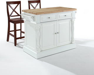 Butcher Block Top Kitchen Island, White Finish With 24" Black X-Back Stools