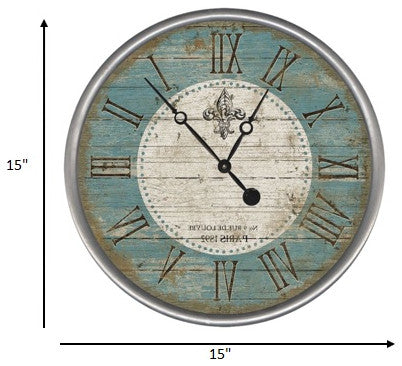 15" Vintage Teal Fleur de Lis Parisian Wall Clock