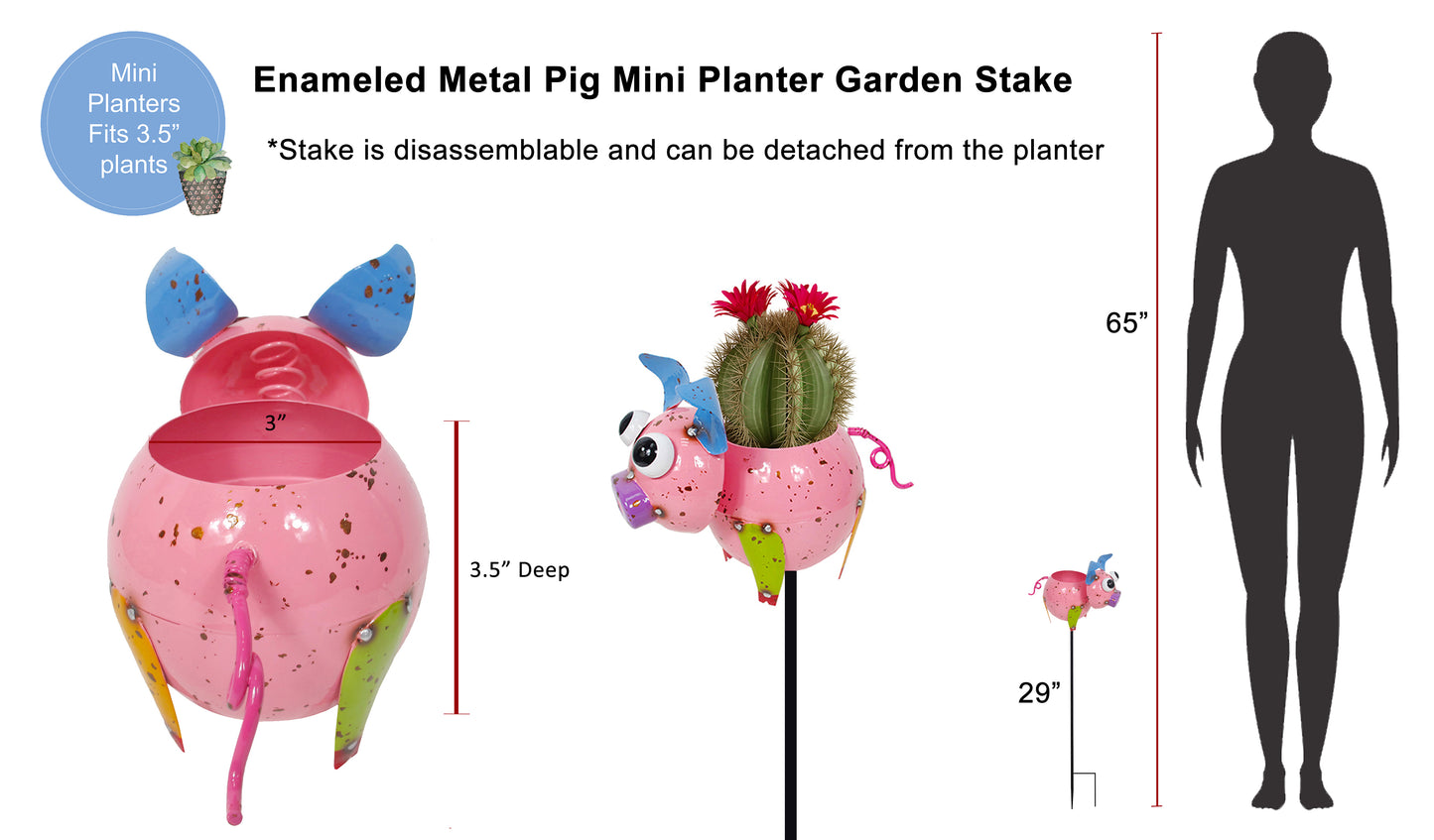 Metal Pink Mini Pig Farm Animal Planter Pot Outdoor Garden Stake Yard Art